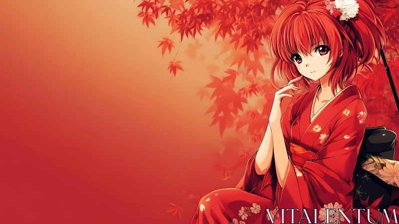 Scarlet kimono daydream under whispering maple leaves.