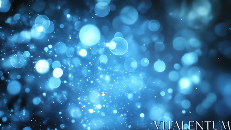 Glowing blue bokeh particles drift through a soft cosmic haze