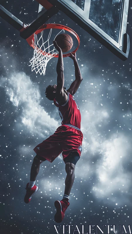 Basketball player dunking against a dramatic starry sky.