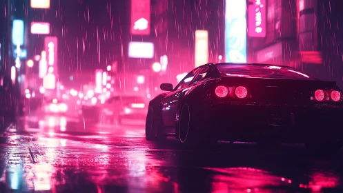 Neon drenched sports car in cinematic rainy night city street.