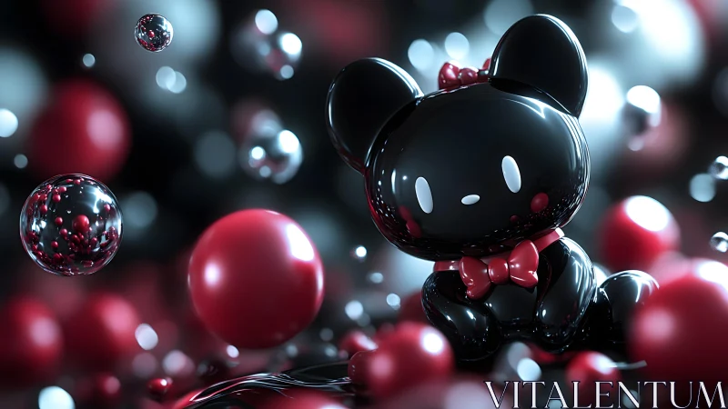 Glossy midnight mascot quietly orbits among crimson spheres