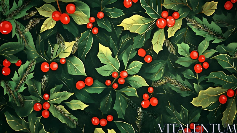 Digital holly foliage pattern with red berries on dark ground