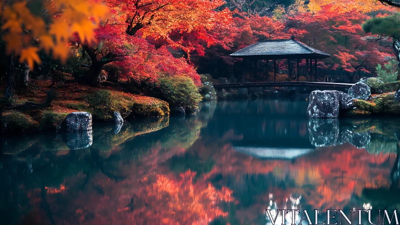 Japanese garden pavilion mirrored in vivid autumn lake.
