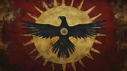 Black raven silhouette spreads wings over worn golden sun