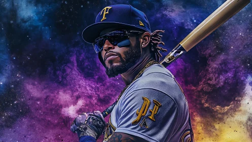 Starlit slugger poised in cosmic nebula of electric color.