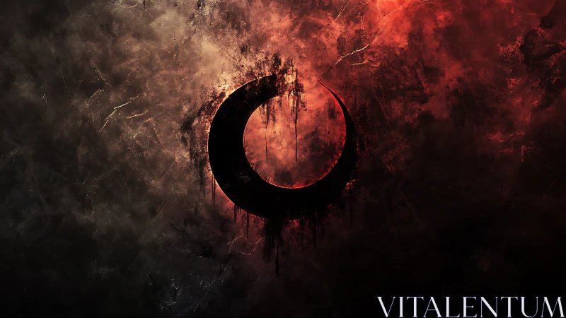 Crescent eclipse emblem within burning textured void.