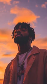 Sunlit silhouette of man beneath vivid sunset clouds.