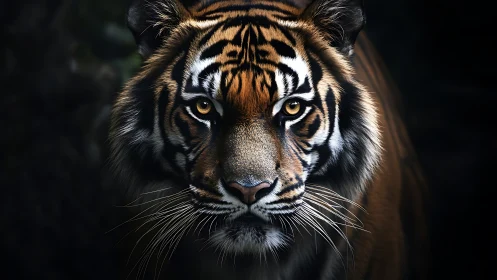 Predatory tiger portrait rendered in hyperreal chiaroscuro lighting