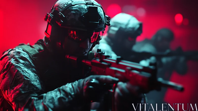Armed tactical soldiers advance under red combat lighting.