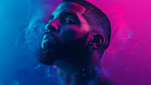 Moody neon portrait bathed in bold blue and pink glow.