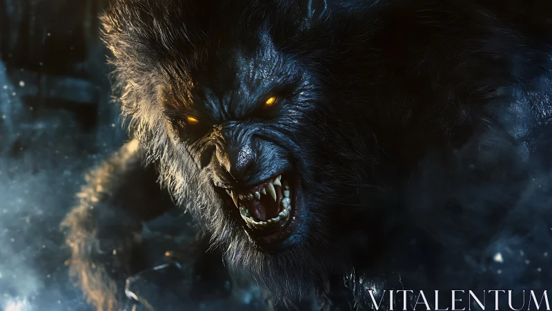 Ferocious werewolf lunges through icy nocturnal mist.