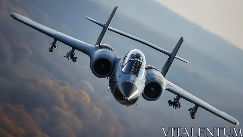 Twin‑engine predator carves a silver arc through autumn haze