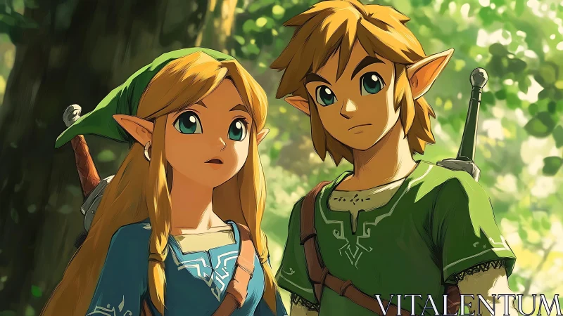 Forest-bound elf companions pause in a sunlit moment.