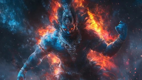 Mythic fire warrior strides through swirling blue and ember storms