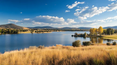 Autumn lake landscape captures warm grasslands and distant hills