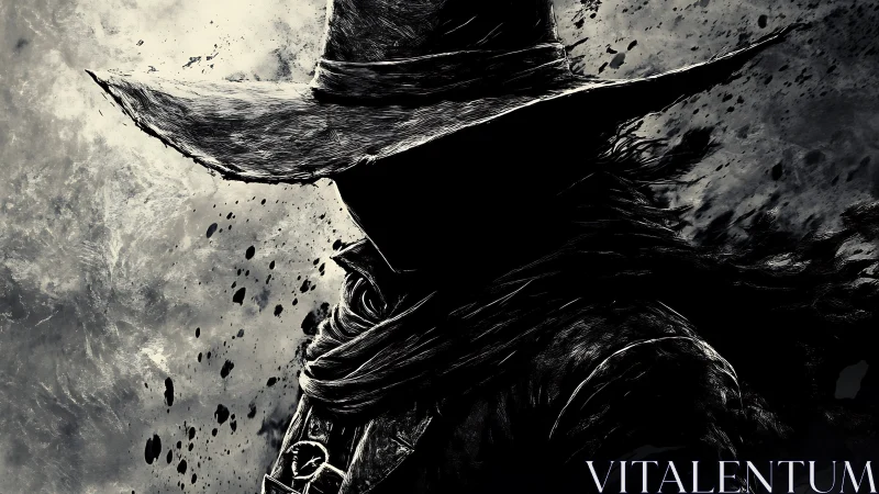 Shadowed wanderer in a wide-brim hat steps from swirling dusk