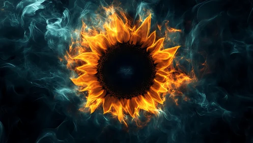 Fiery Sunflower Engulfed in Ethereal Flames and Smoke