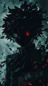 Dark anime figure stands in stormy haze with glowing eyes