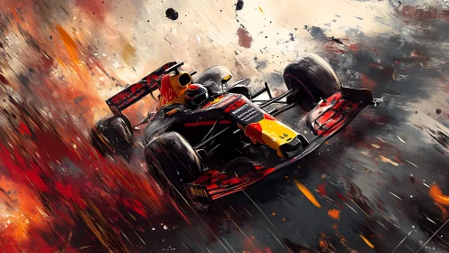 Dynamic Formula racing car in abstract motion-smeared livery