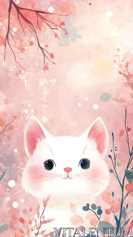 White Cat Portrait in Watercolor with Atmospheric Pink Bokeh Rendering