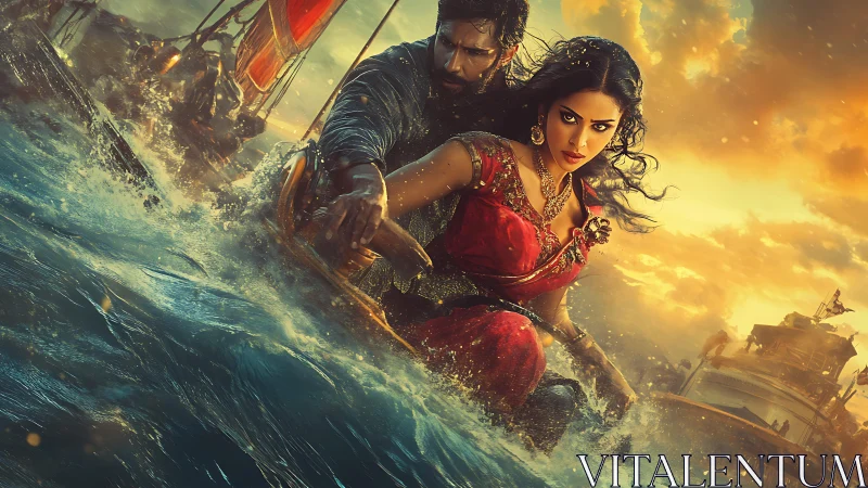 Storm-tossed lovers racing through a blazing golden sea.