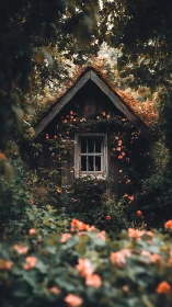 Cozy forest cottage wrapped in blooming red garden roses.