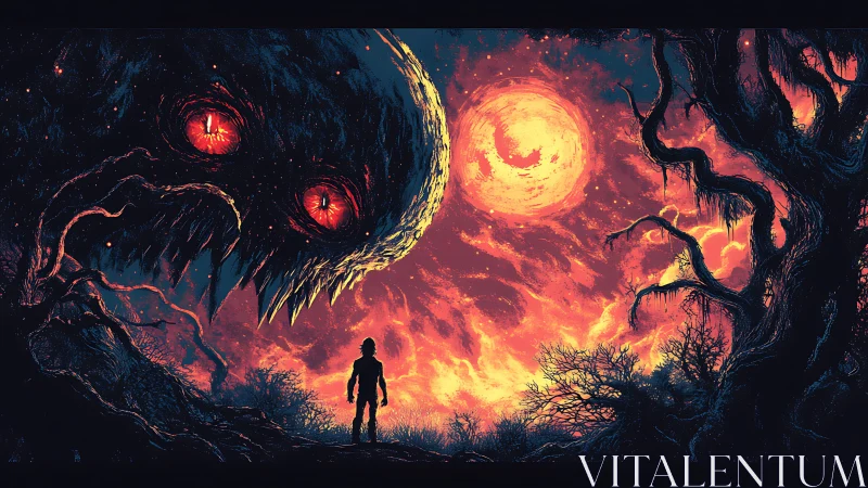 Lone wanderer meets a fiery-eyed cosmic shadow at dusk.