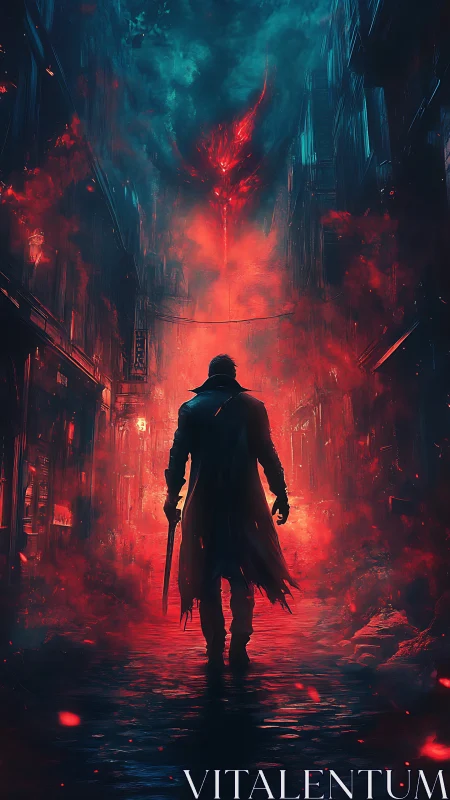 Lone figure in alley with red spectral form overhead.