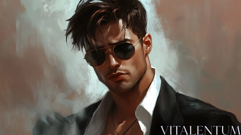 Brooding man in sunglasses stands in smoky, painterly light