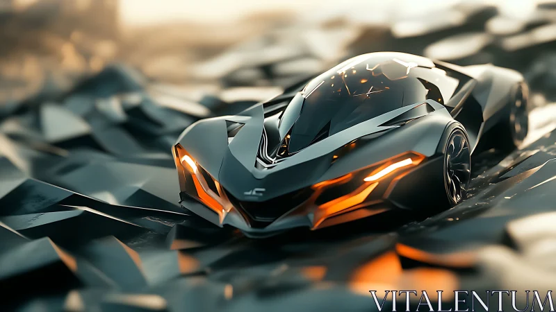 Futuristic dream car glowing softly on sculpted metal terrain.