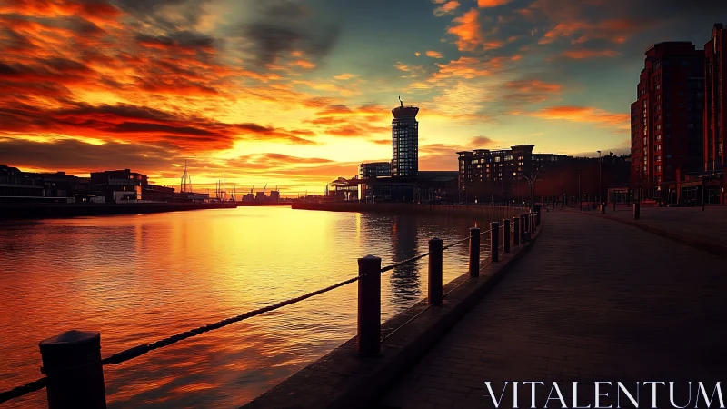 Harborfront promenade under vivid sunset sky reflections.