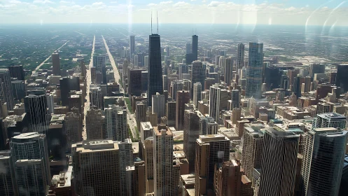 Glass giants march westward beneath a bright Chicago sky