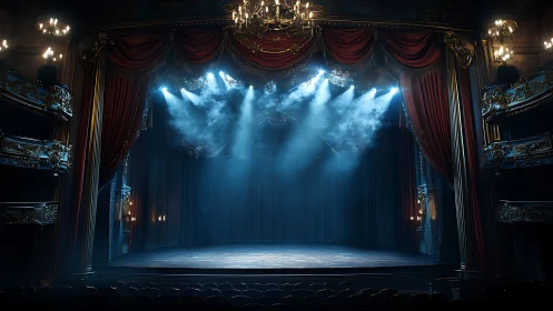 Empty ornate theater stage under blue spotlights at night.