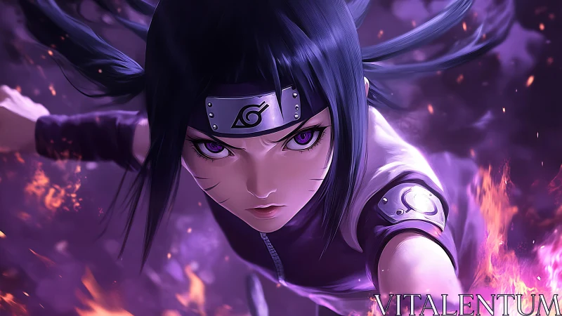 Storm-eyed kunoichi slices through violet embers in flight