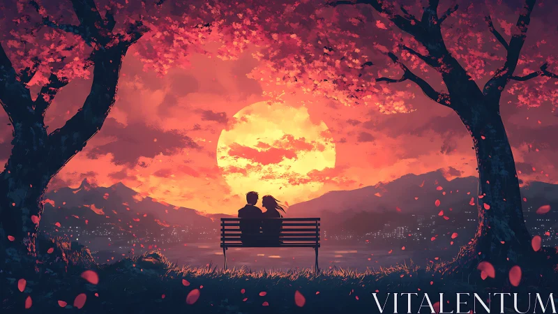 Two Figures on Bench Against Radiant Sunset.