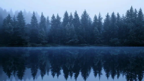 Foggy conifer forest reflects on still blue mountain lake