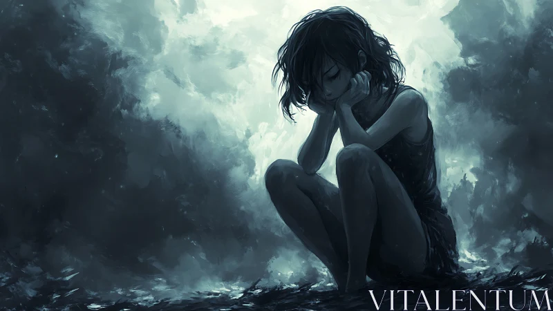 Solitary girl sitting in dim, misty abstract landscape.