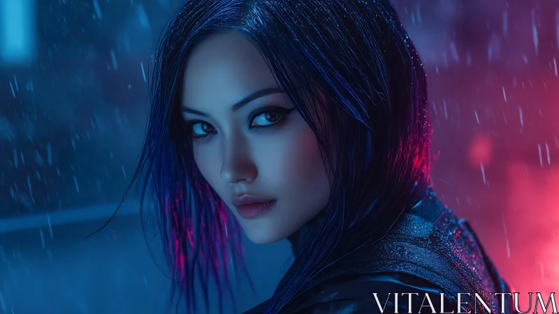 Focused woman in neon rain with intense side gaze.