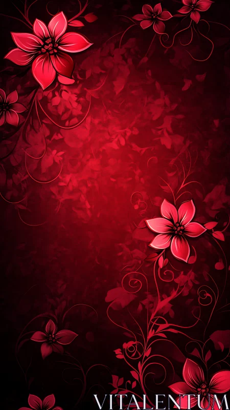 Vibrant neon flowers bloom against deep crimson gradient backdrop.