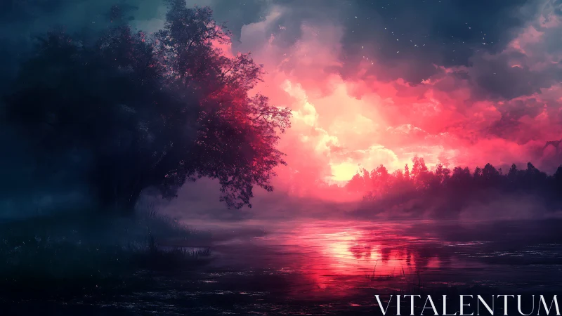 Moody lakeside tree against vivid red twilight sky.