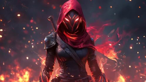 Hooded fire mage strides through glowing embers of dusk.
