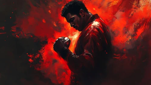 Male figure in red jacket within abstract red field.