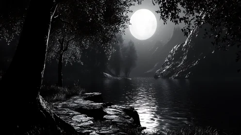 Moonlight quietly carves silver secrets across the lake