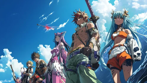 Bold anime adventurers stand united beneath a bright summer sky