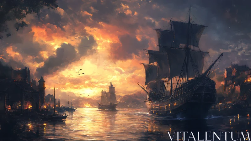Sunset galleon departing a glowing medieval harbor.