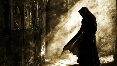 Hooded figure in sepia corridor with cinematic light shafts.