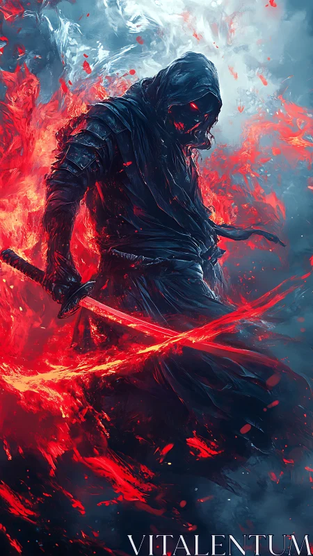 Hooded swordsman with glowing blade in red energy field.