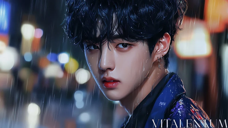 Hyperreal rainy night portrait of youth with neon bokeh