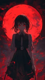 Red moonlit anime girl rendered in dramatic chiaroscuro contrast
