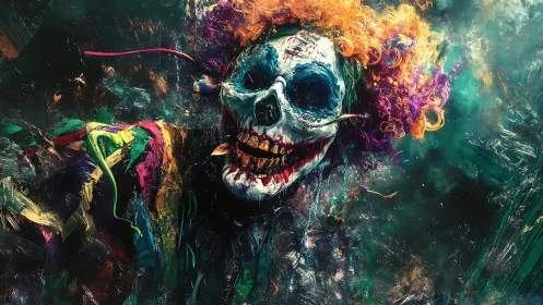 Clown skull portrait merges skeletal features with vivid paint